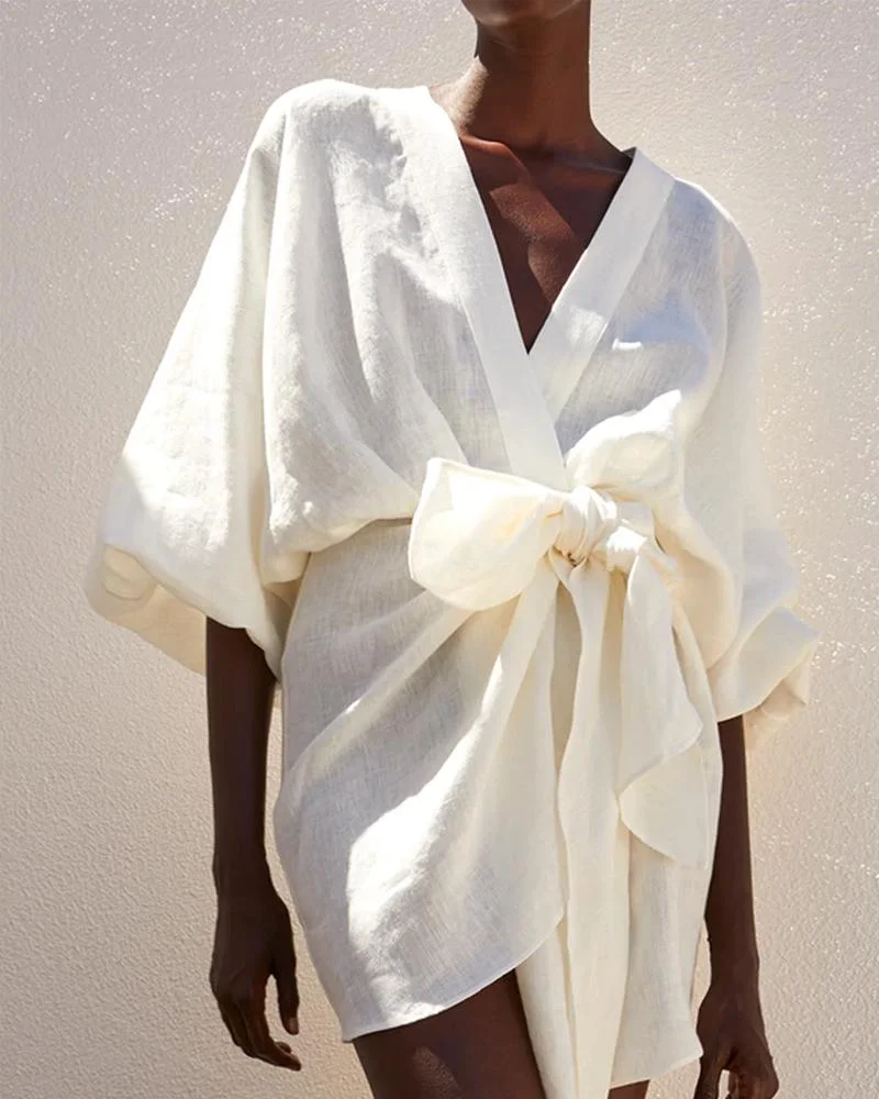 Casual V-Neck Tie Solid Cotton Linen Dress
