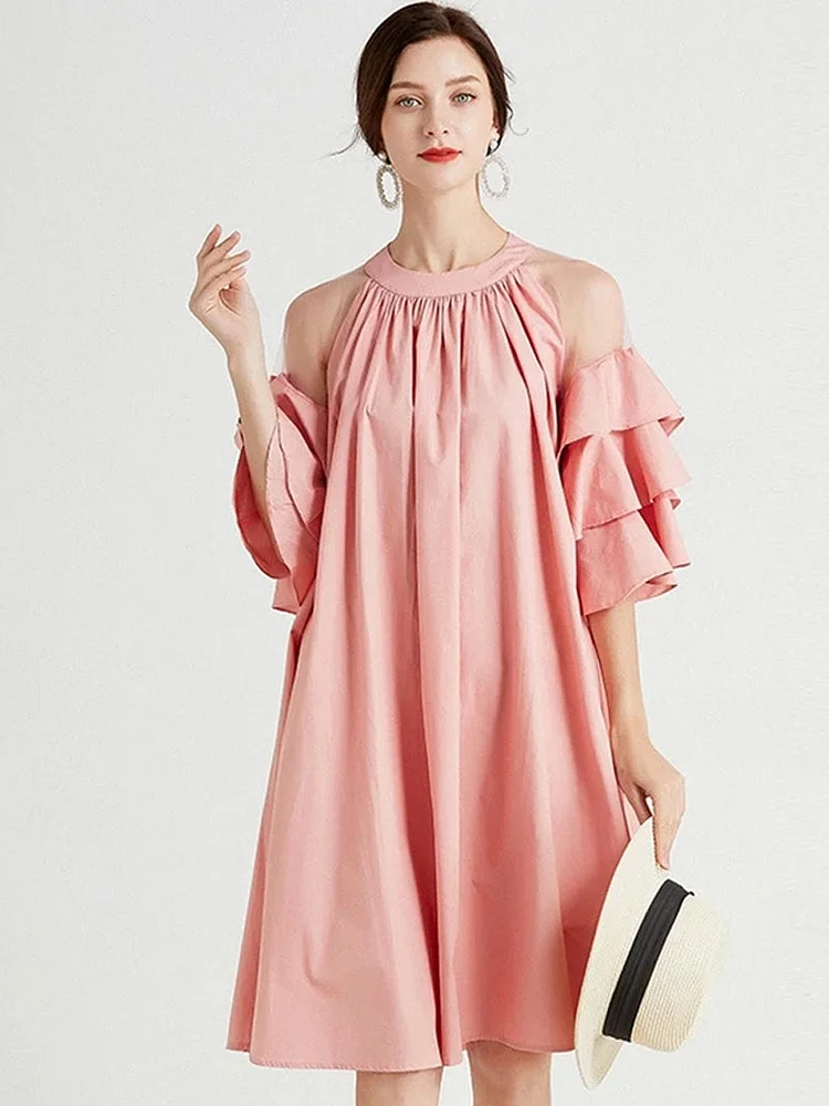 Elegant Solid Color Hanging Neck Folds Perspective Shoulder Ruffles Half Sleeve Dress