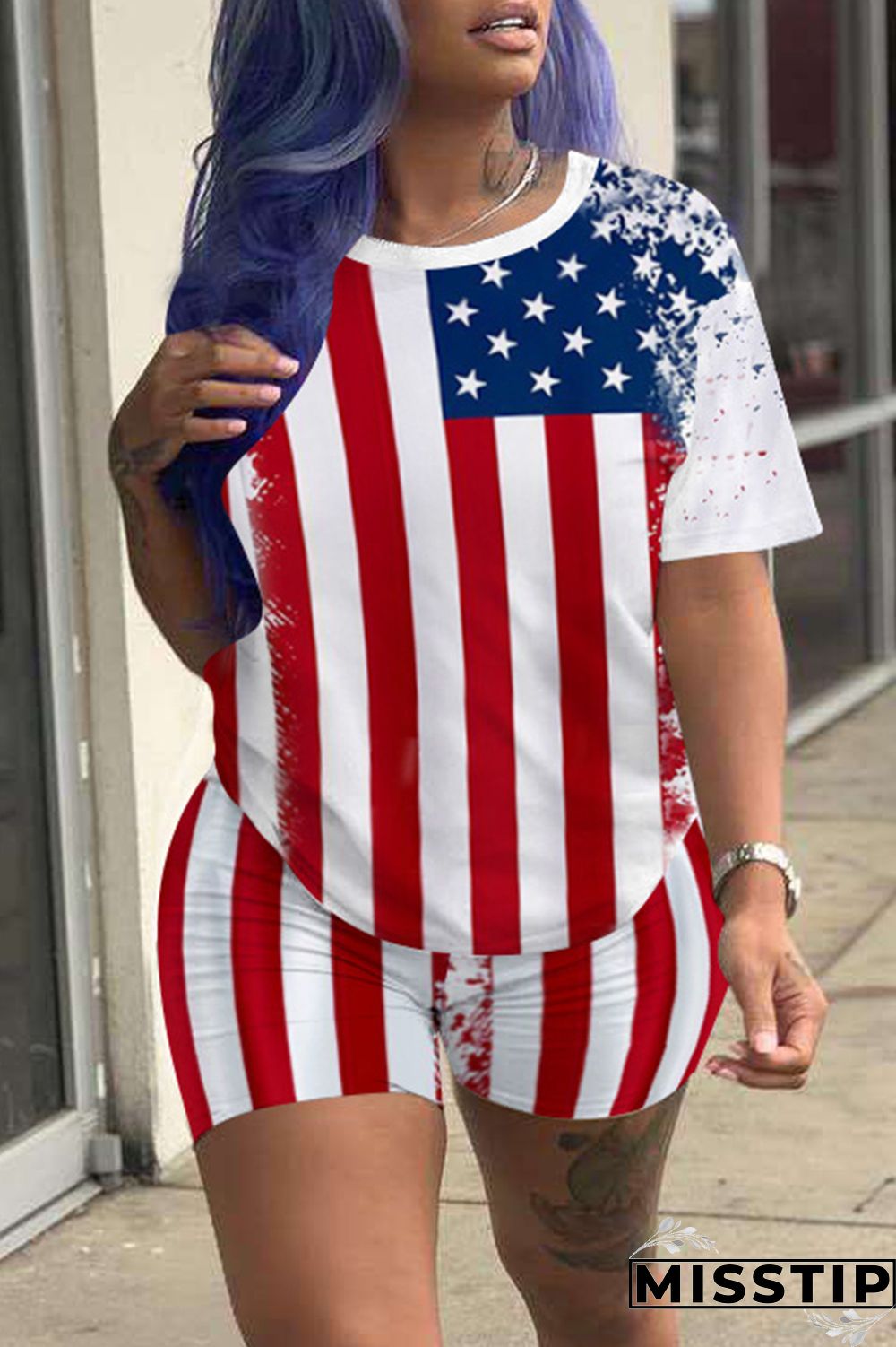 Red Fashion Casual Print Basic O Neck Short Sleeve Two Pieces