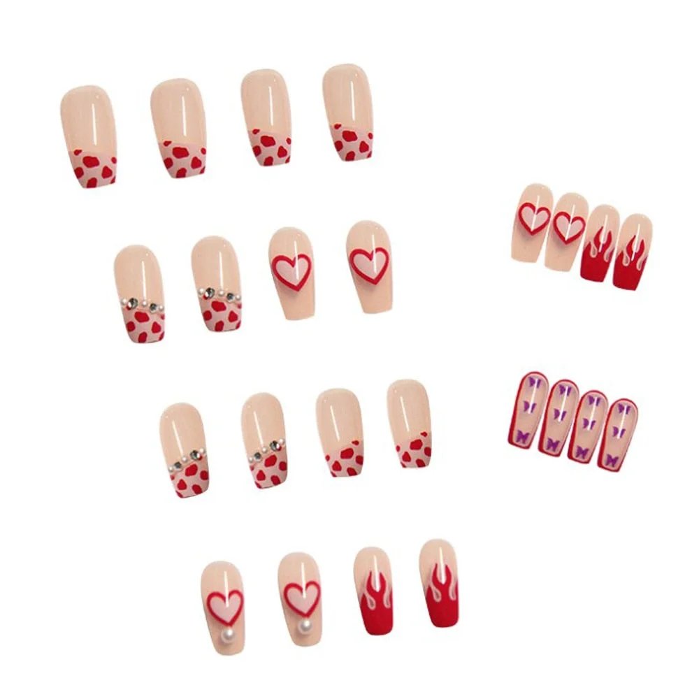 24Pcs/Box French Elegant Coffin False Nail with Flame Design Detachable Nail Tips Ballerina Manicure Patches Press on Nails