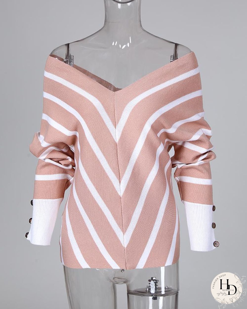 V Neck Popper Cuff Striped Casual Sweater P16131