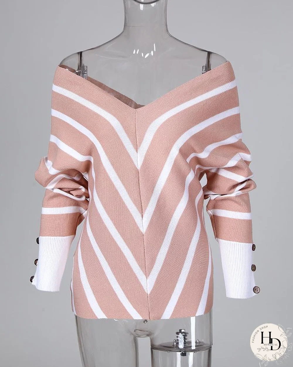 V Neck Popper Cuff Striped Casual Sweater P16131