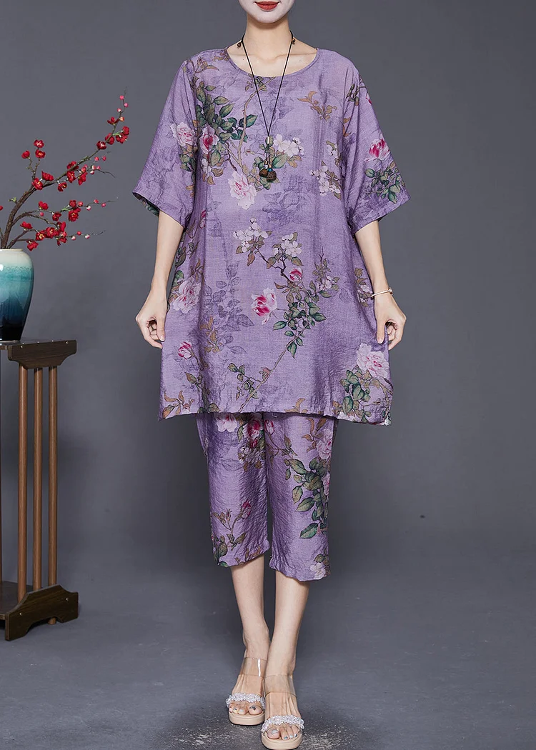 Simple Purple Oversized Print Linen Silk Two Pieces Set Summer