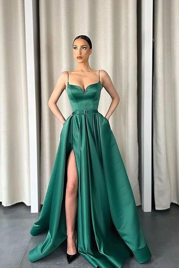 Dresseswow Spaghetti-Straps Emerald Evening Dress Split With Pockets