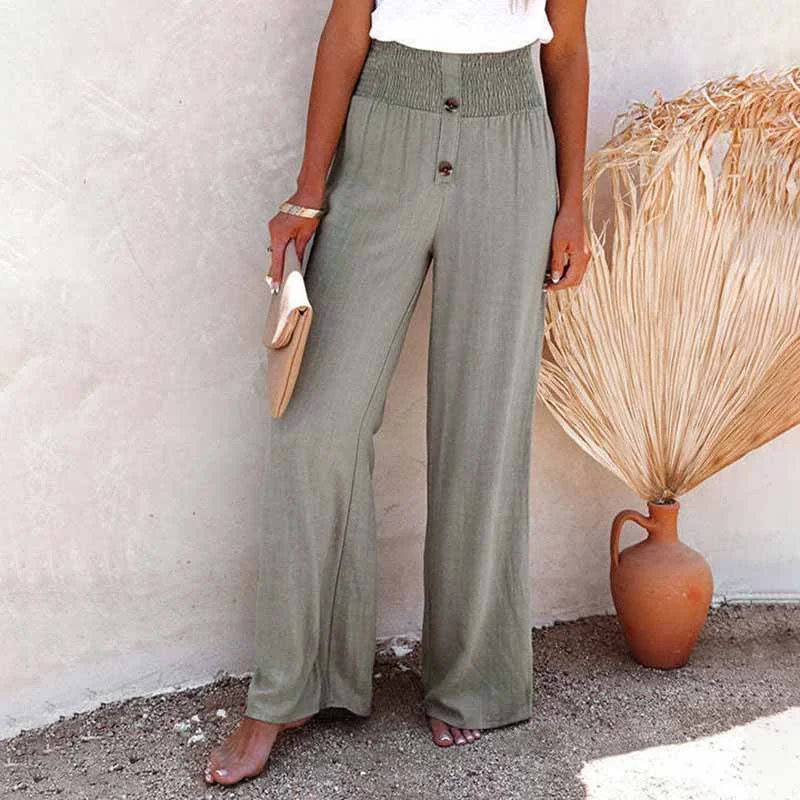 Vintage Plain Elastic Waist Button Down Loose Pant