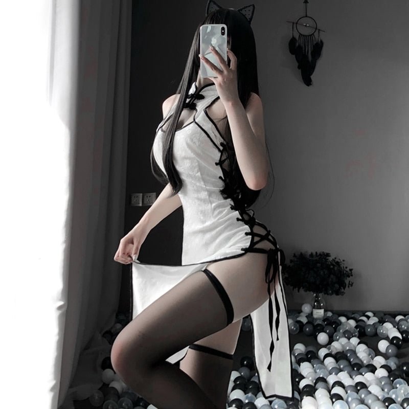 Erotic Anime Cosplay Costume Black and white Ladies Dress Women Lace Outfit Fancy Slim Fit Open Chest Uniform Sexy Cheongsam