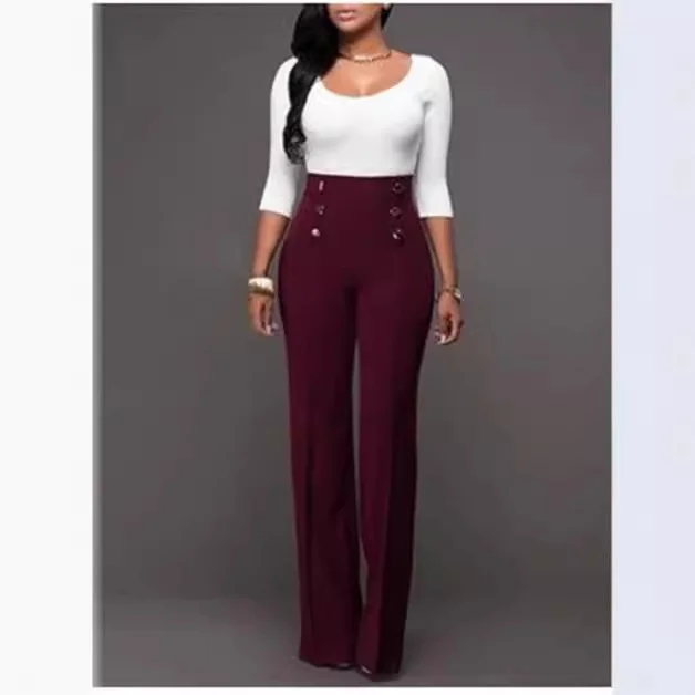 Uveng Uveng Early Autumn New Solid Color Bhabred Decorative Button Straight High Waist Broad Leg Female Trousers