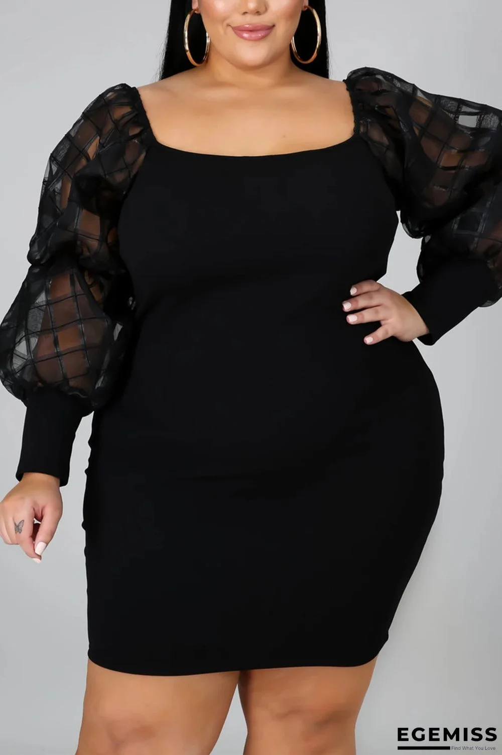 Black Fashion Sexy Square Collar Long Sleeve Regular Sleeve Solid Long Sleeve Dress Plus Size | EGEMISS