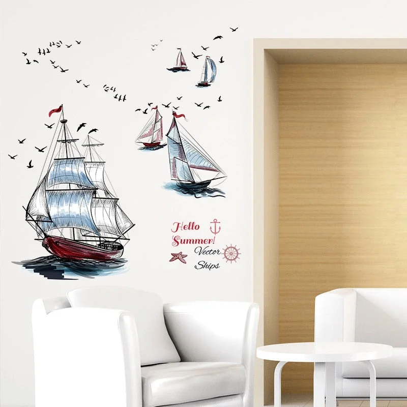 Modern Sailboat Ship Seagull Summer Scenery View Wall Stickers Living Room Garden Bedroom Waterproof Removable Art Decals Mural