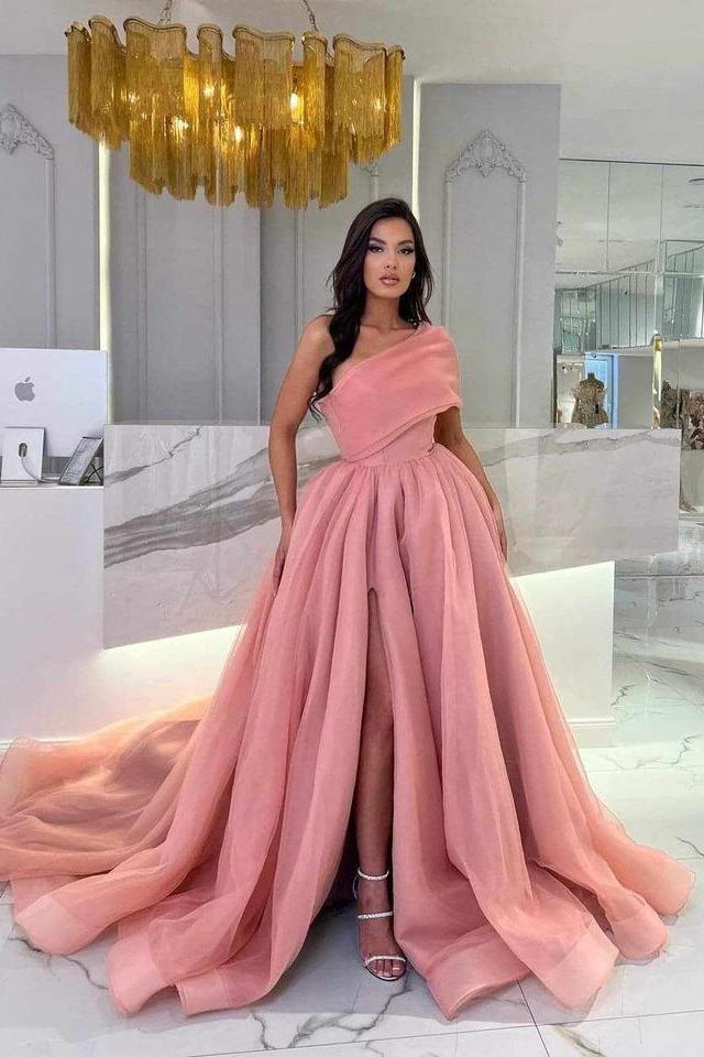 Lvs&Broner Chic Pink One Shoulder Sleeveless Long A Line Prom Dress With Front Split