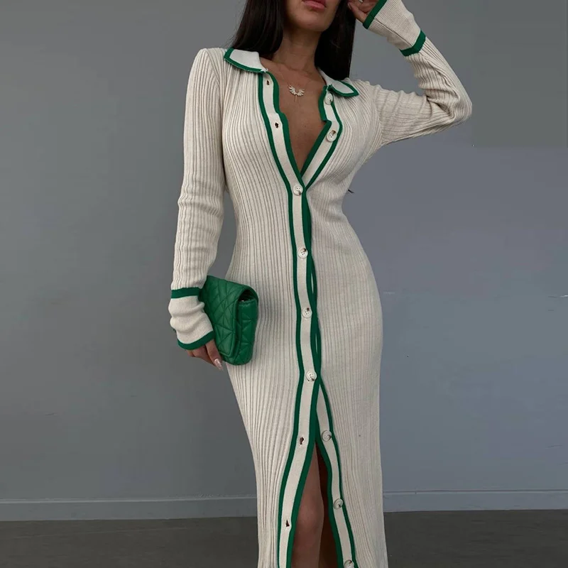 PASUXI Turn Down Collar Long Sleeve Single Breasted High Waist Maxi Knitted Color Patchwork Slim Cardigan Dress