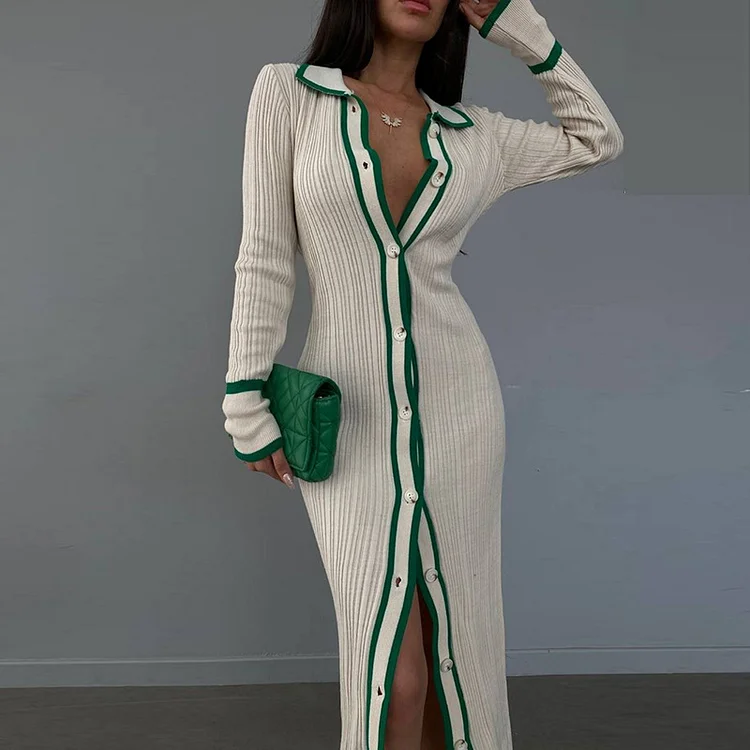 PASUXI Turn Down Collar Long Sleeve Single Breasted High Waist Maxi Knitted Color Patchwork Slim Cardigan Dress huanwei
