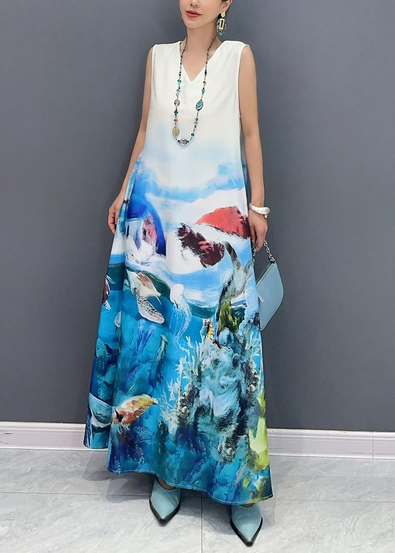 VCSHOES Blue V Neck Print Long Dress Sleeveless