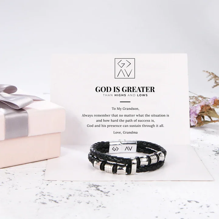 To My Grandson, Inspirational Leather Bracelet Bangle with Message Card Gifts For Men