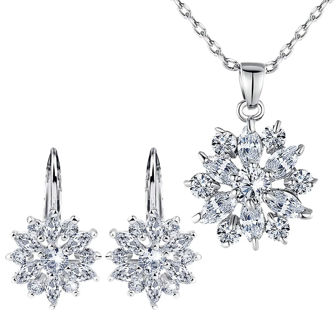 18K Rose Gold Plated Cubic Zirconia Snowflake Lever Back Earrings Necklace Set for Women CZ Jewelry Set