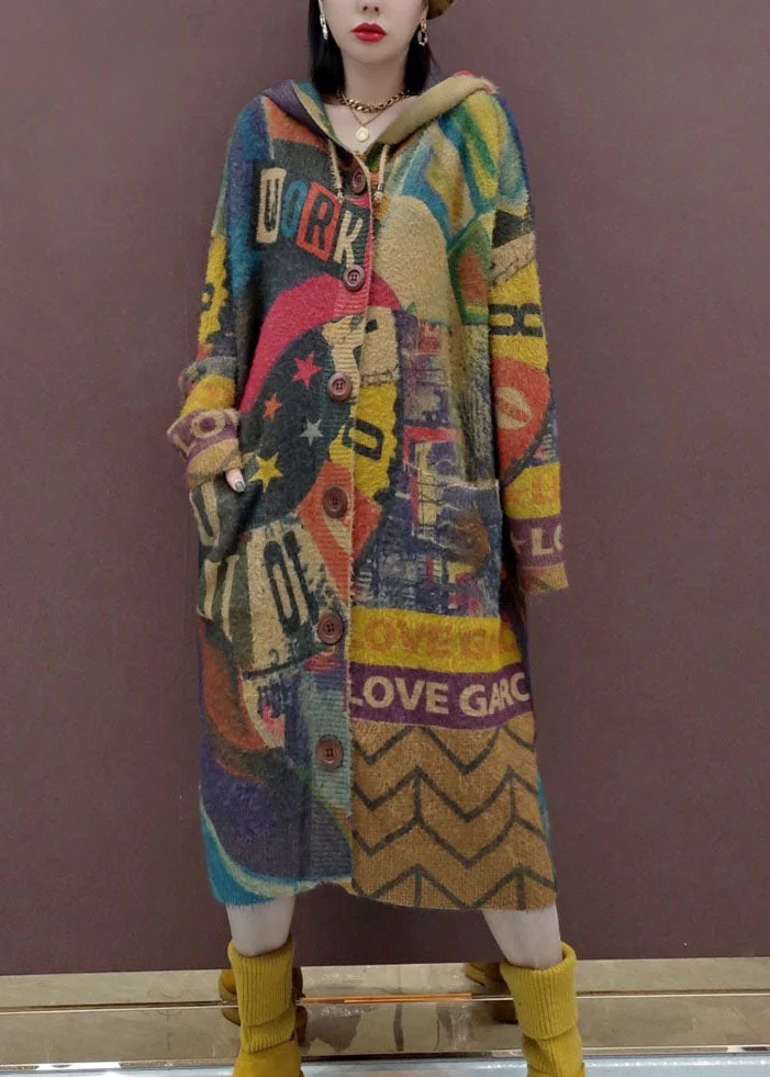 Casual Print Button Maxi Knitted Cotton Thread Hooded Sweater Coat Fall