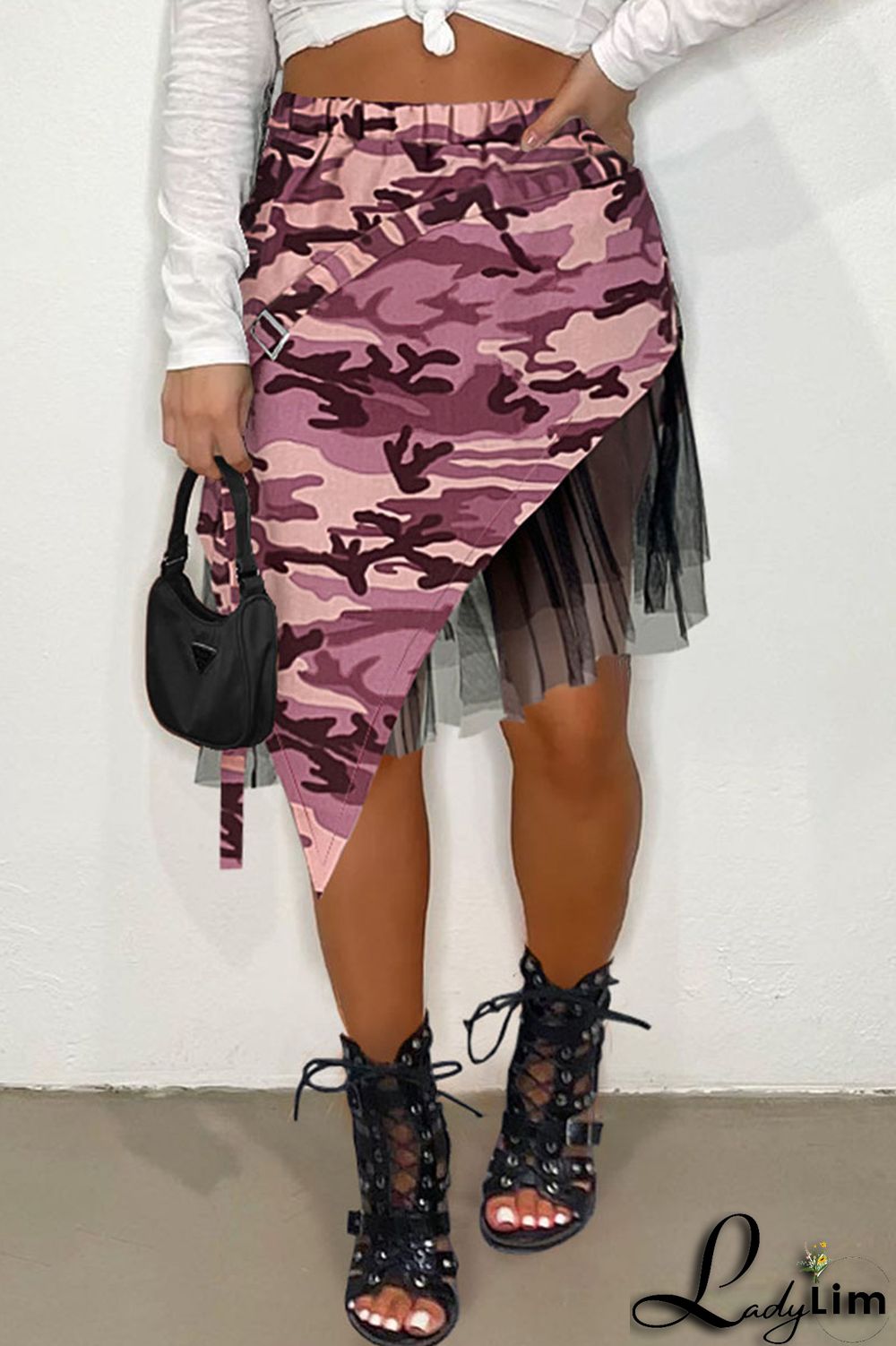 Pink Fashion Street Print Camouflage Print Patchwork Asymmetrical High Waist Full Print Bottoms