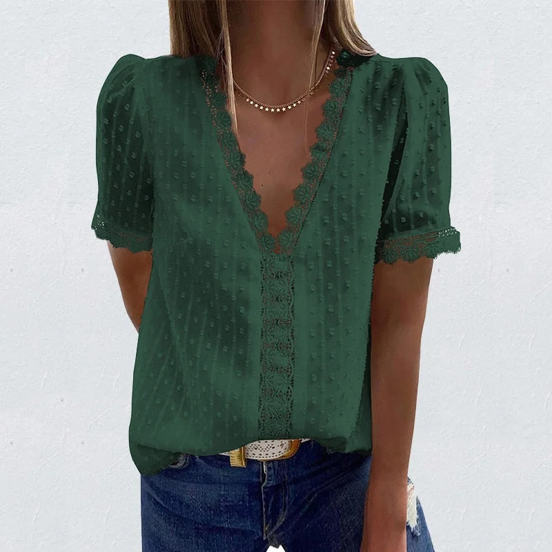 Sexy V-Neck Lace Shirt Blouse Spring Summer Short Sleeve Ladies Shirt Casual Women Solid Pullover Tops Blusa Streetwear 3XL
