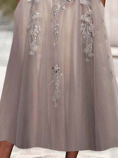 Women's 3/4 Sleeve Scoop Neck Floral Printed Lace Stitching Midi Dress