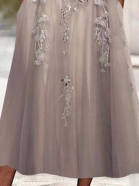 Women's 3/4 Sleeve Scoop Neck Floral Printed Lace Stitching Midi Dress