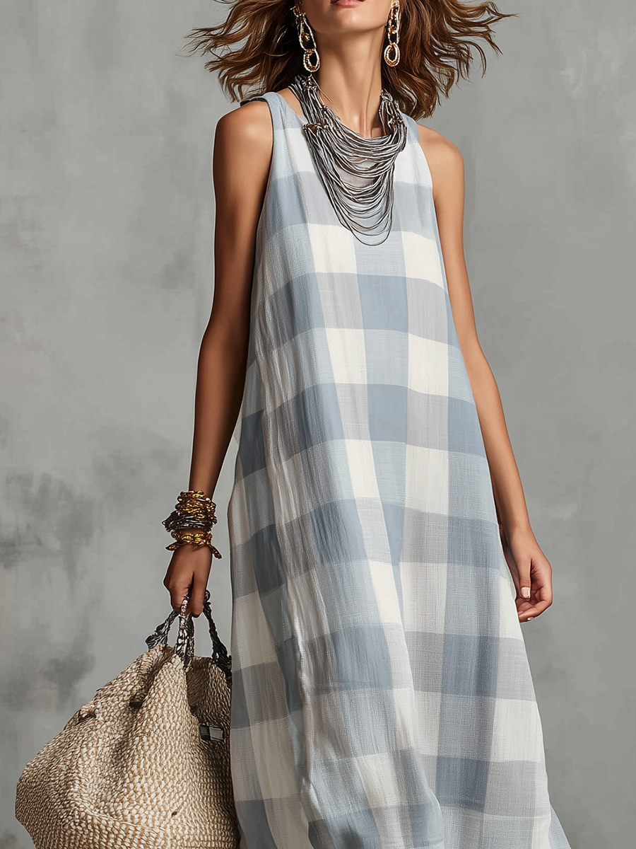 Casual Blue And White Checkered Sleeveless Long Dress - view 2