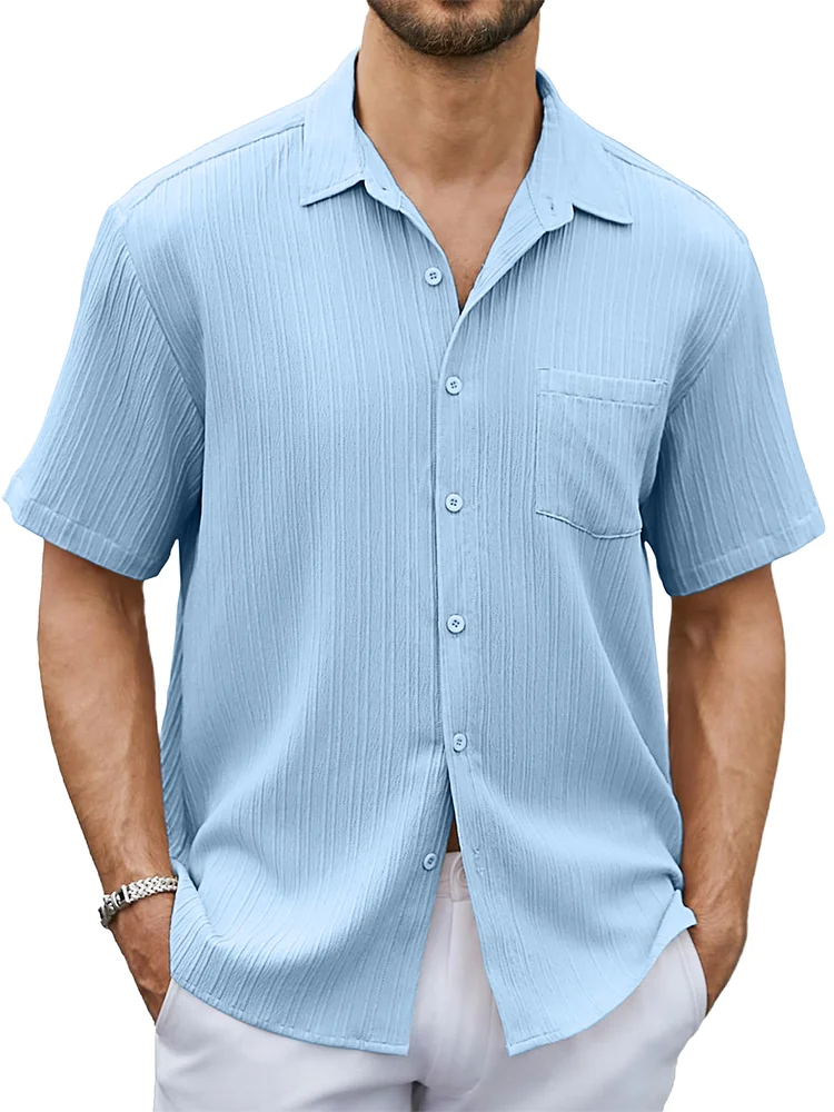 Men's Striped Jacquard Pocket Basic Comfortable Casual Short-sleeved Shirt