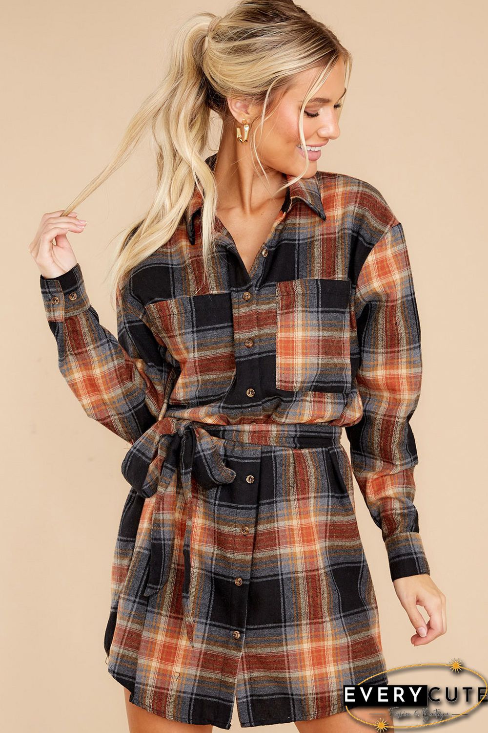 Plaid Chest Pocket Shirt Mini Dress with Belt