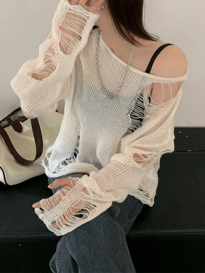 White Long Sleeve Distressed Knit Top