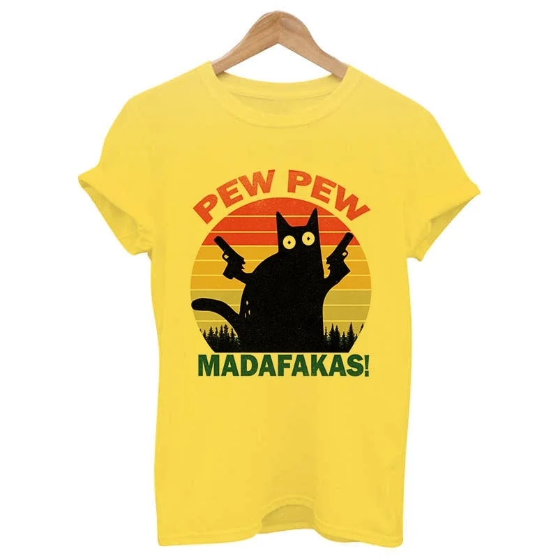 Murderous Black Cat With Gun Funny White T Shirt Pew Pew Madafakas Print Oversized T-shirt Women Short Sleeve Top Female Tshirt