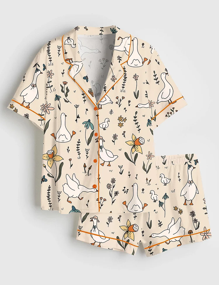 Women&rsquo;s Silly Goose Hand Drawn Art Geese Farm Cute Animal Print Short Sleeve Satin Pajama Set