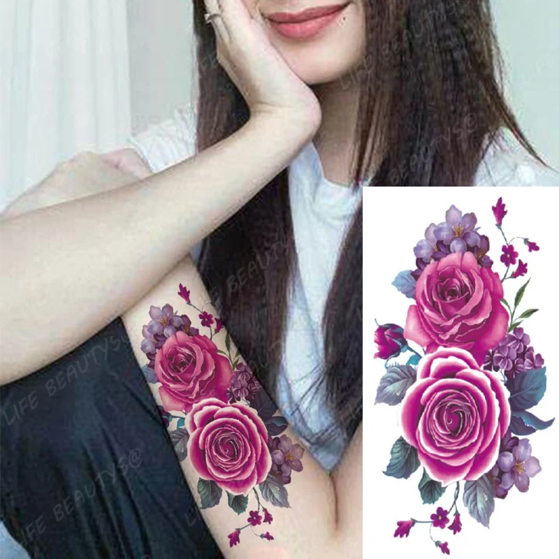 Sdrawing Temporary Flower Tattoos Women Fashion Beauty Rose Butterfly Flash 3D Fake Tattoo Arm Sleeve Pink Blue Sticker Girl