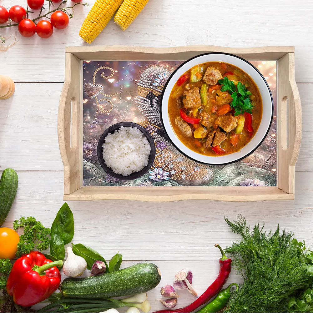 5D DIY Tiger Diamond Painting Wooden Serving Tray with Handle for Desk