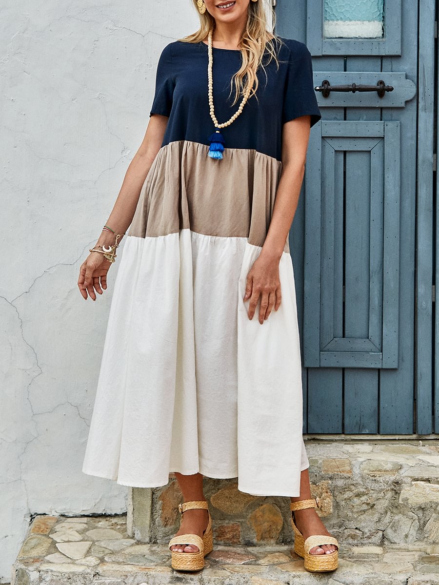 Womens Stitching Round Neck Short Sleeve Dress