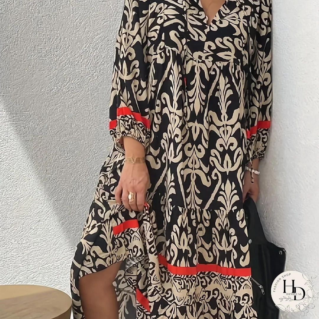 Ethnic Floral Print Dress, Boho V Neck Lantern Sleeve Dress, Women's Clothing