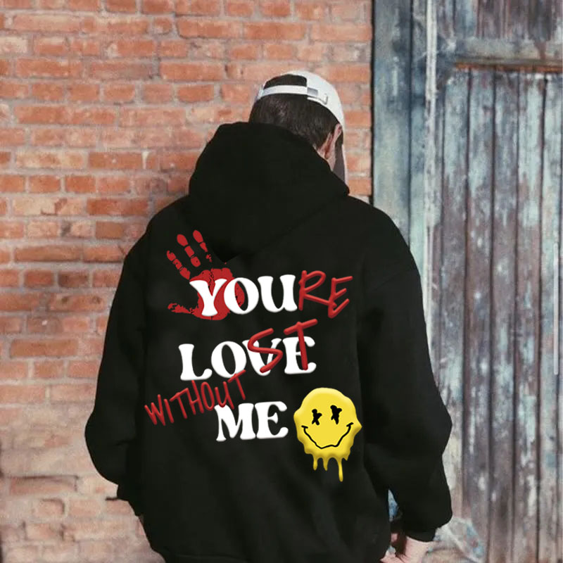 Fashion Smiley Face Letter Print Fleece-Lined Hoodie