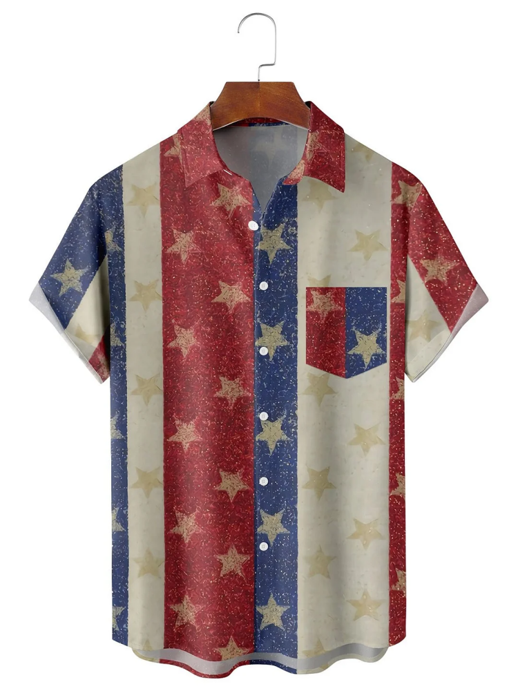 BrosWear Men's Flag Independence Day Print Short Sleeve Shirt