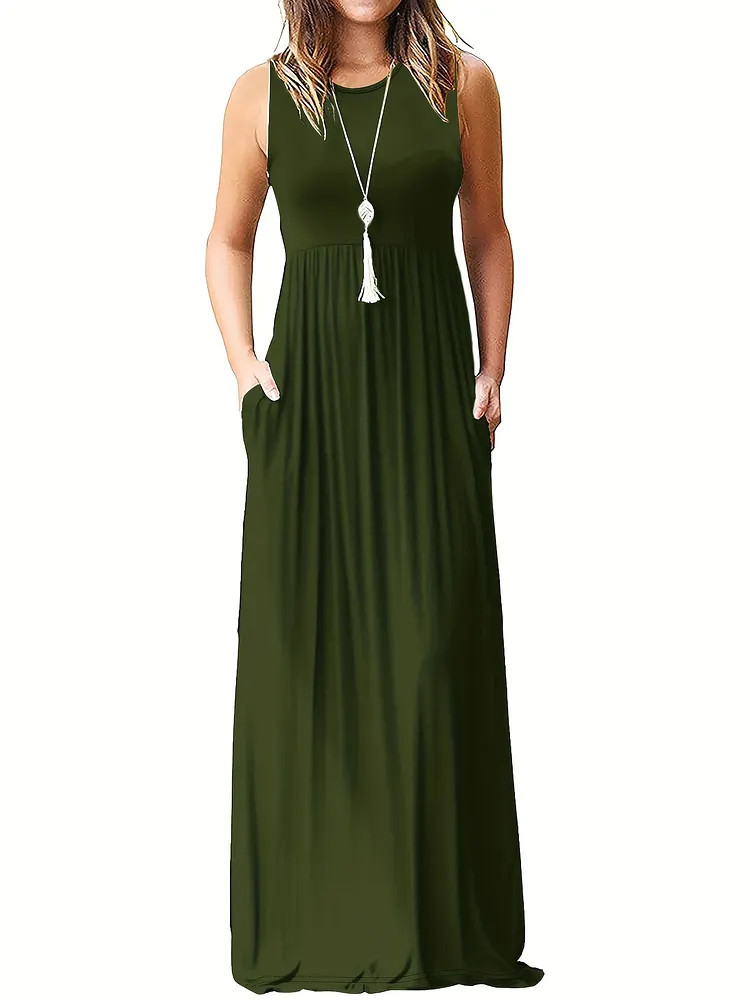 Flowy A-Line Womens Maxi Dress Solid Black Round-neck Sleeve With Asymmetrical Hem Side