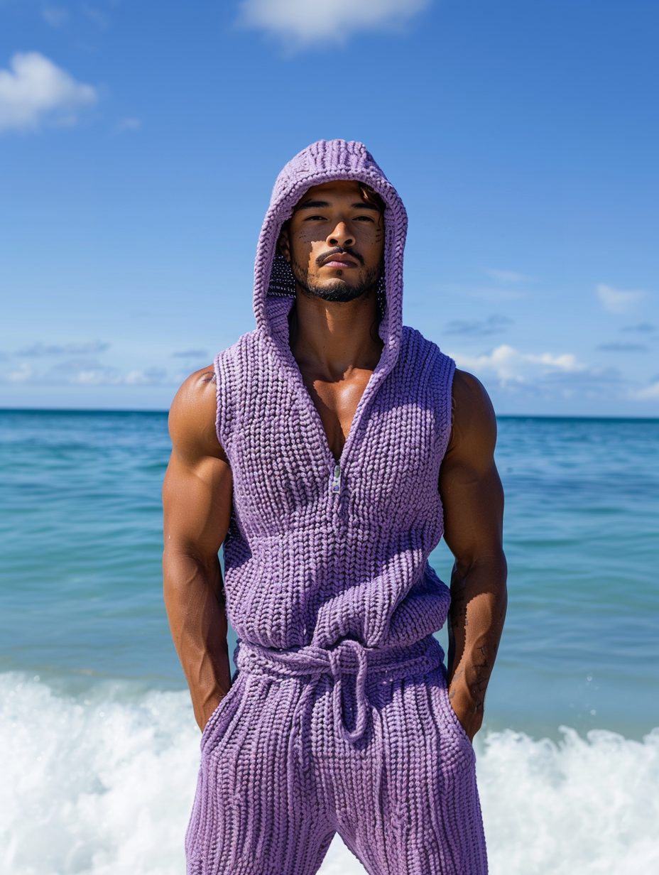Men's Purple Kintted Crochet Hooded Short Jumpsuit