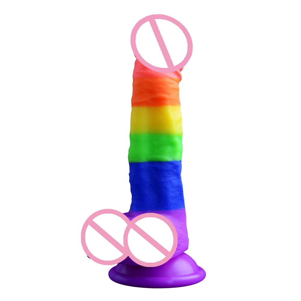 Crystal Rainbow Color Silicone Dildo with Balls & Suction Cup - Rose Toy