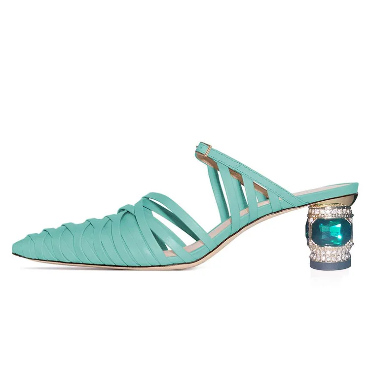 Turquoise Pointed Toe Rhinestone Chunky Heel Mules Shoes |FSJ Shoes