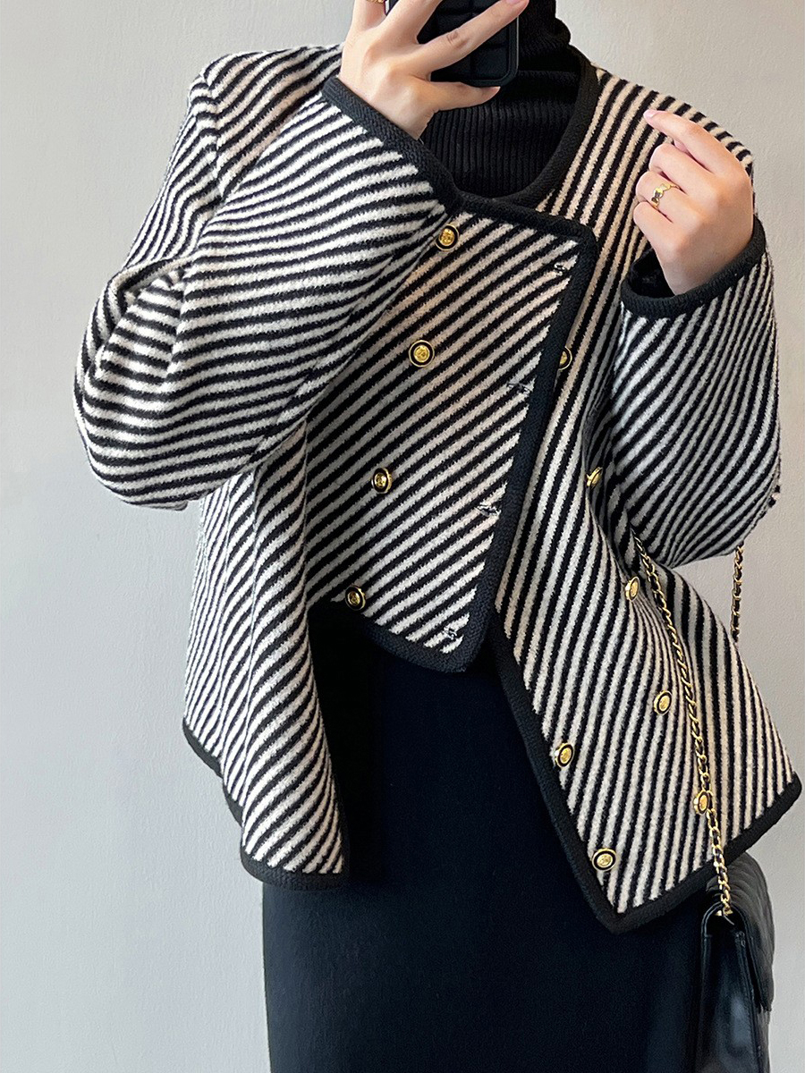 Striped   Asymmetrical Double-breasted  Fashionable Coat