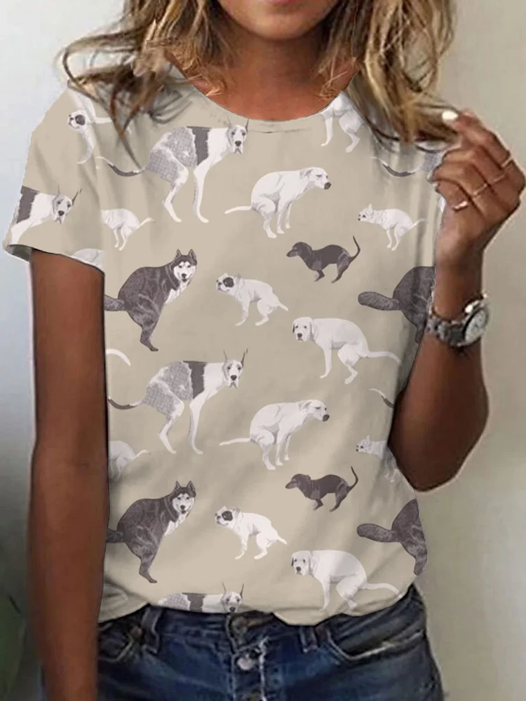 Women's Funny Peeing Dogs Print Casual Tee