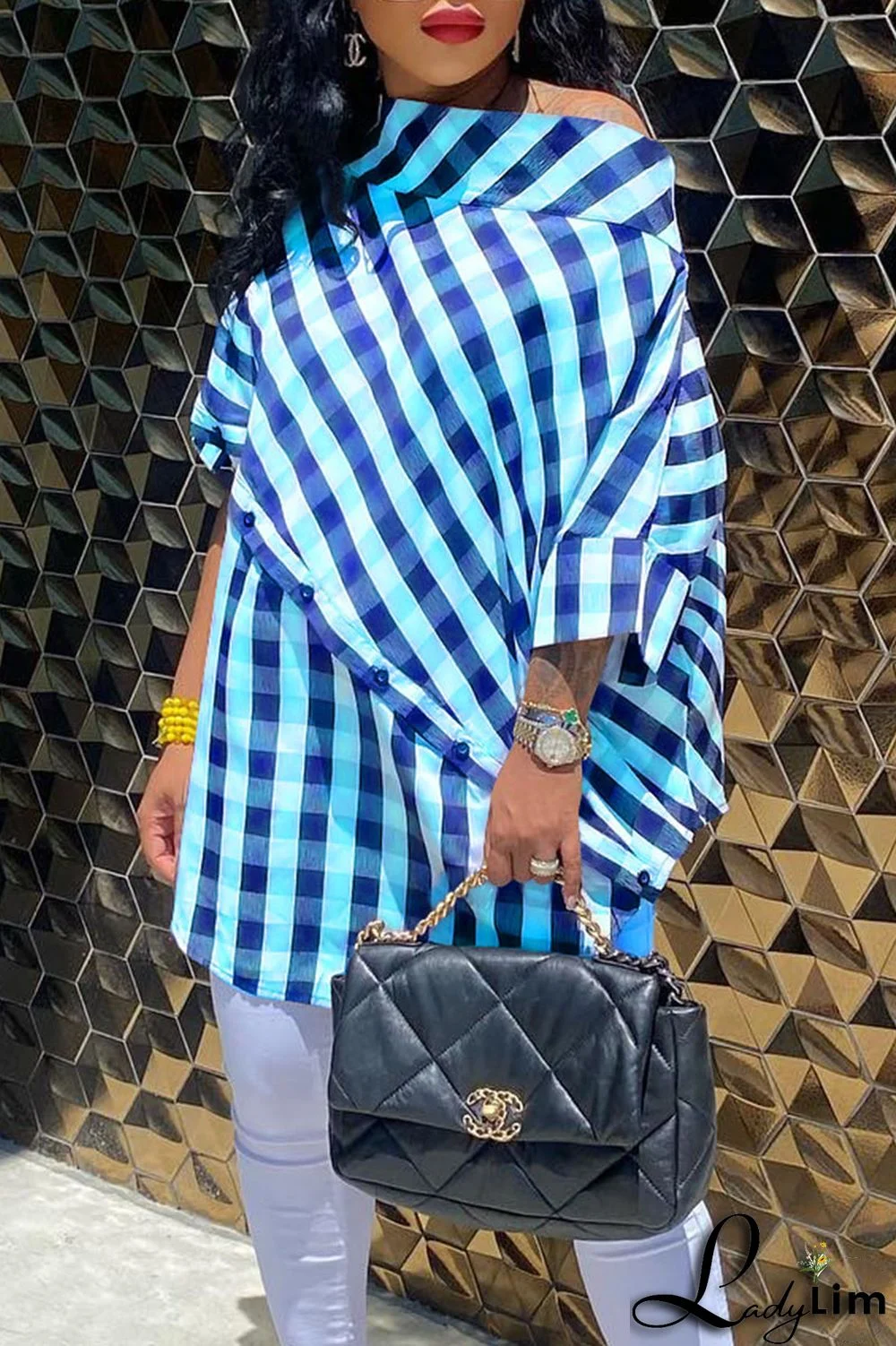 Black Casual Plaid Print Patchwork Asymmetrical Oblique Collar Tops