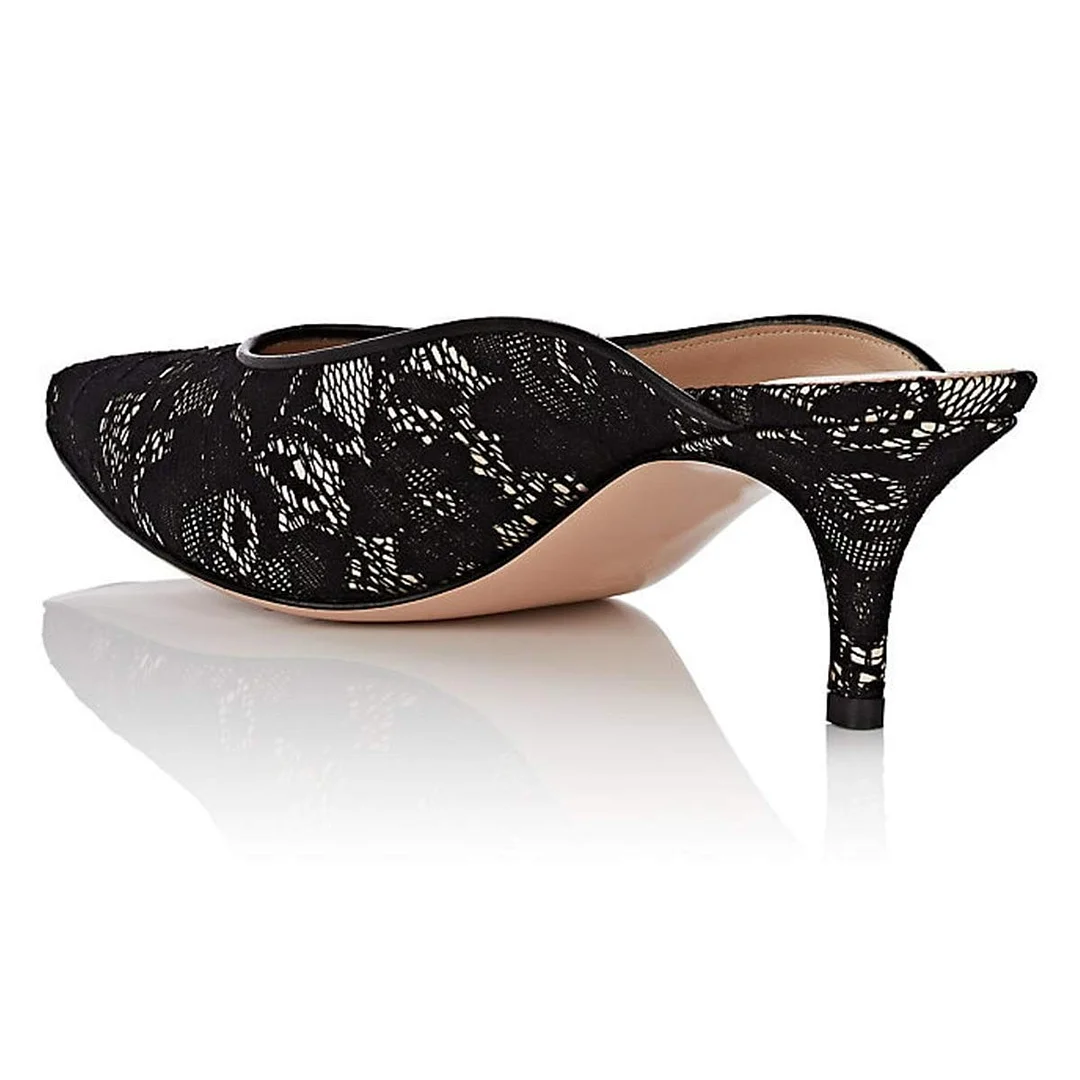 Sexy Black Lace Pointed Toe Slip-On Kitten Heeled Mules By YDN