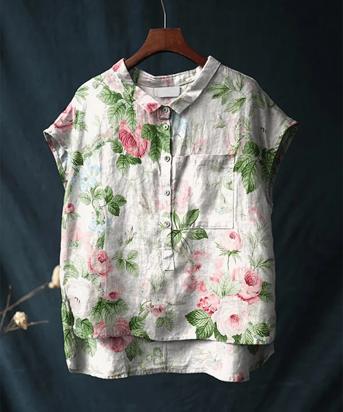 Vintage Floral Print Short-sleeved Cotton and Linen Shirt