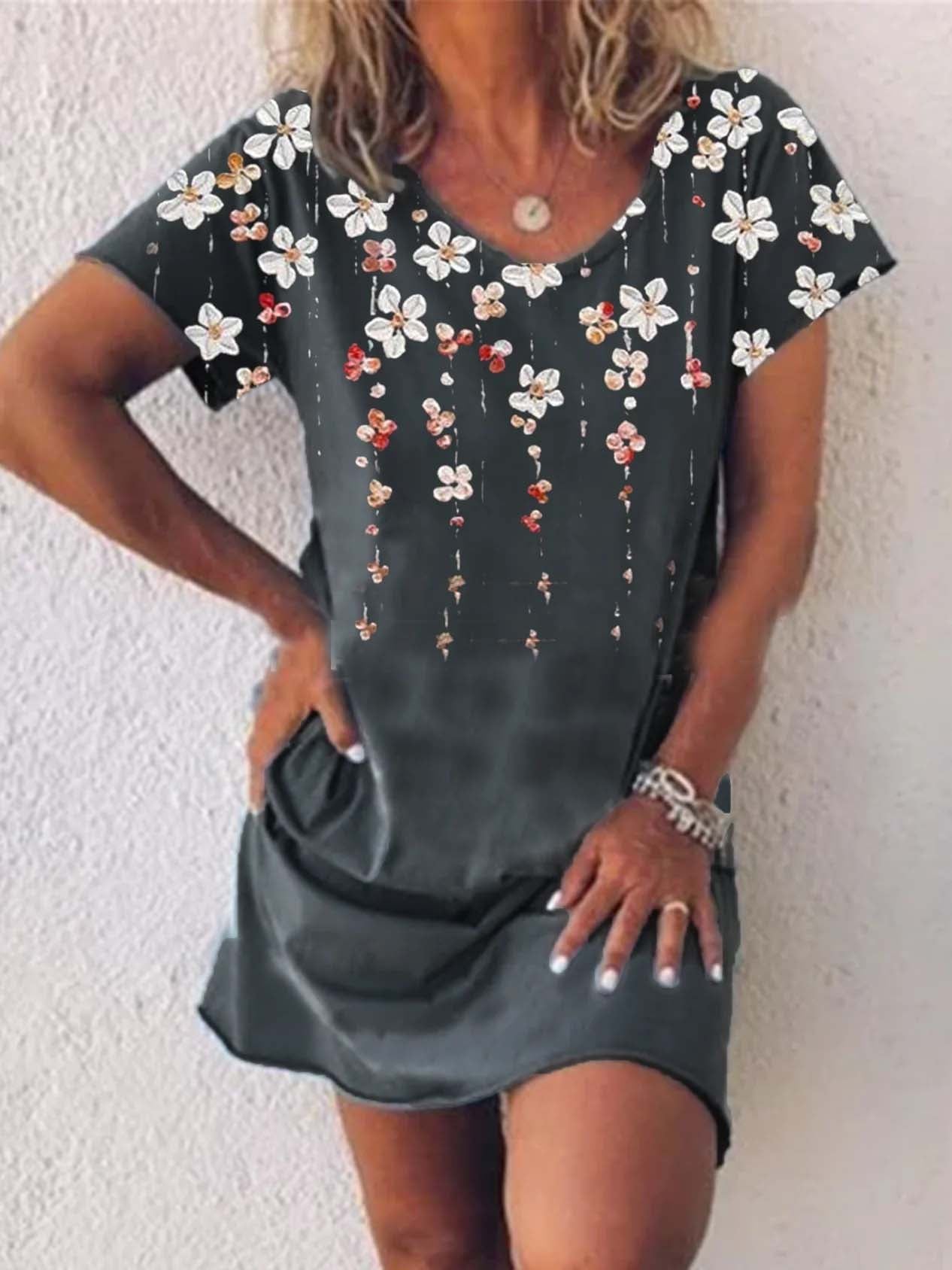 Women's Short Sleeve V-neck Floral Printed Mini Dress