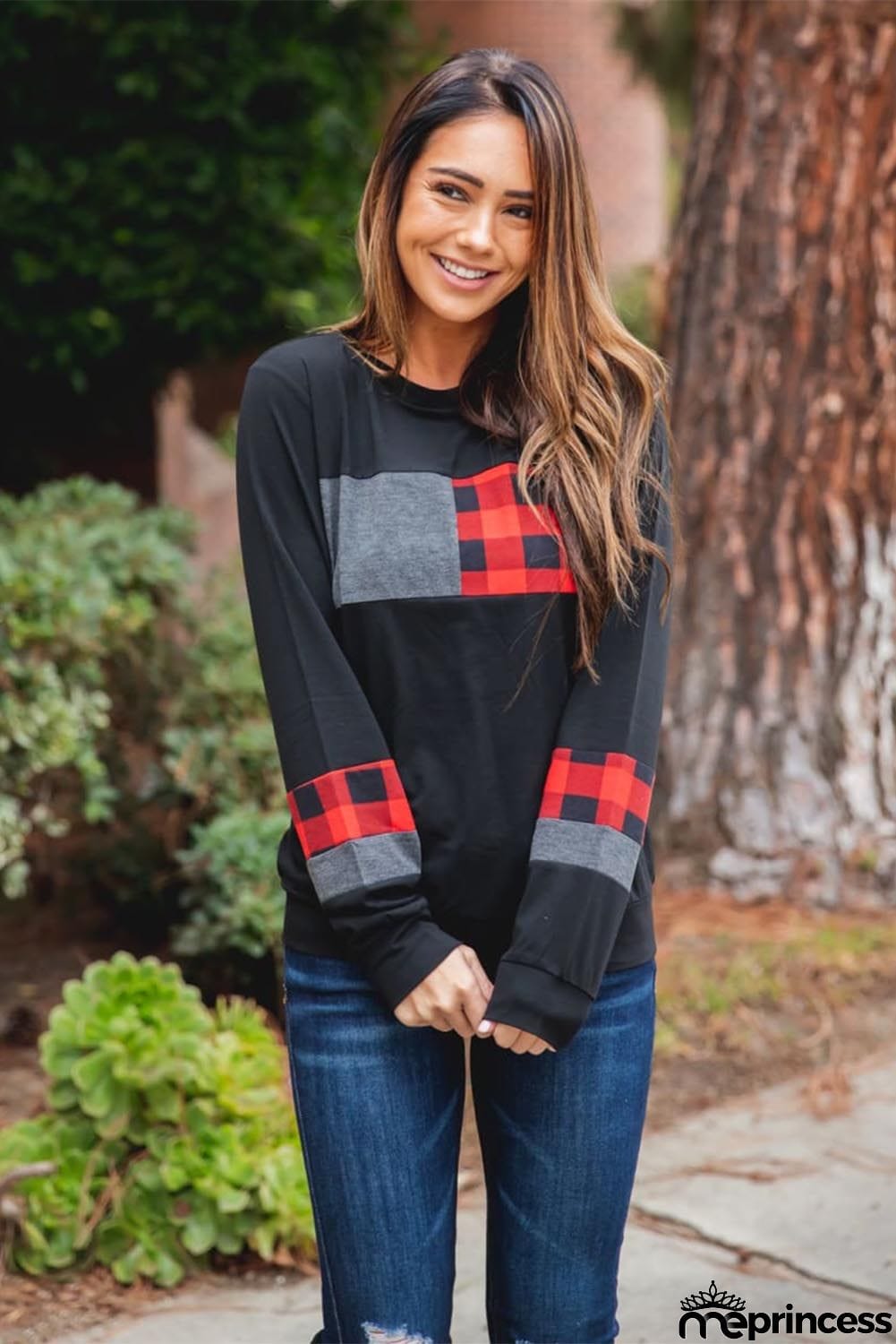 Plaid Splicing Color Block Long Sleeve Top