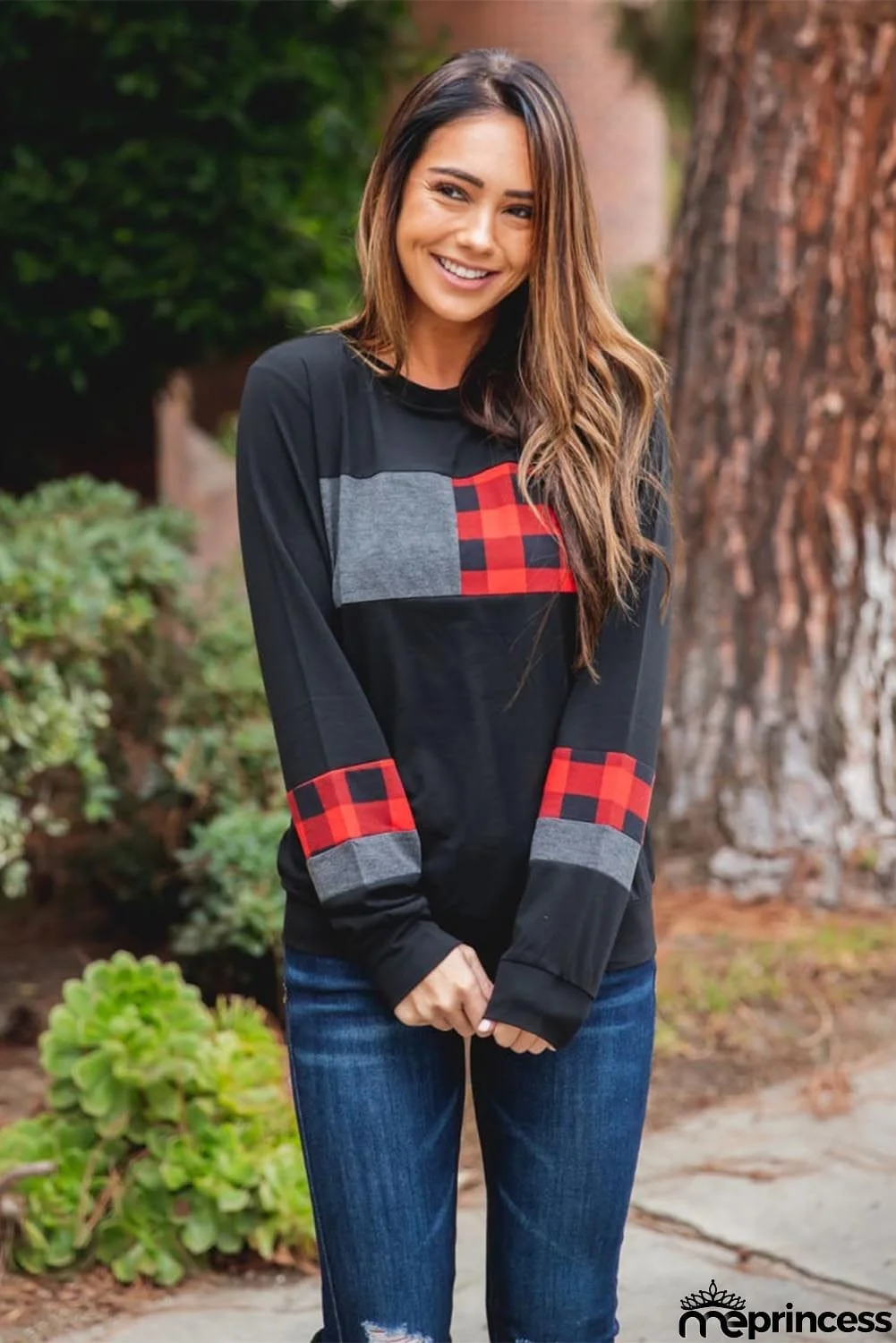 Plaid Splicing Color Block Long Sleeve Top