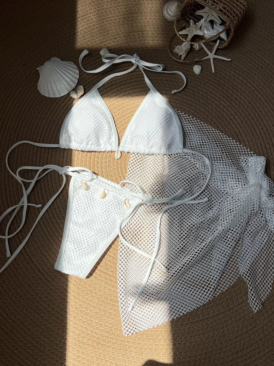 Uveng 2024 New Small Fresh Sexy Beach Shell Three-Piece Net Swimsuit Bikini Bikini