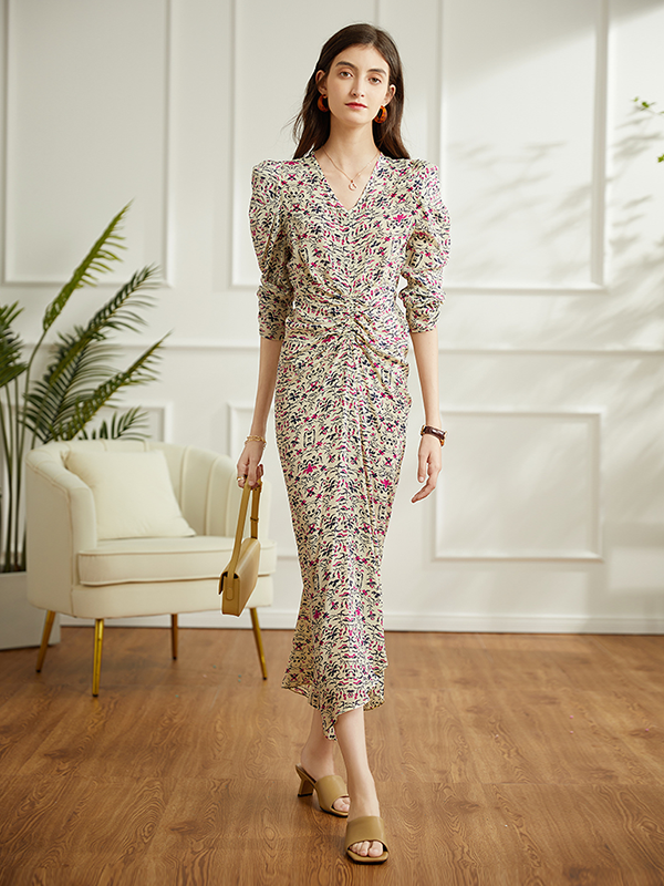 Silk Dress Pleated Printed Puff Sleeve Style